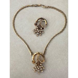 Vintage MCM gold tone faceted clear glass rhinestones necklace brooch set